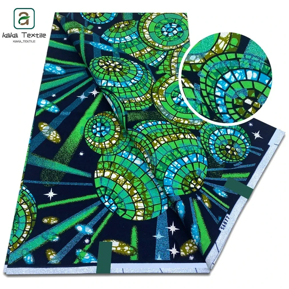 African Golden Glitter Wax Fabric - Soft Cotton Ankara Gold Print Batik 6 Yards