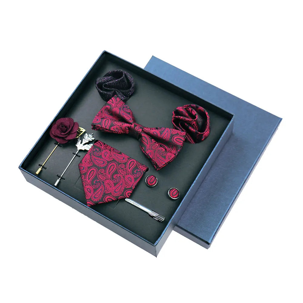 Men’s Luxury Silk Tie Set - 8cm Wedding Necktie with Bowtie, Pocket Square, Cufflinks & Floral Gift Box Accessories