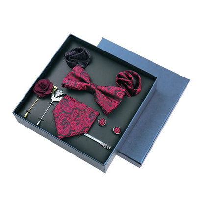 Men’s Luxury Silk Tie Set - 8cm Wedding Necktie with Bowtie, Pocket Square, Cufflinks & Floral Gift Box Accessories