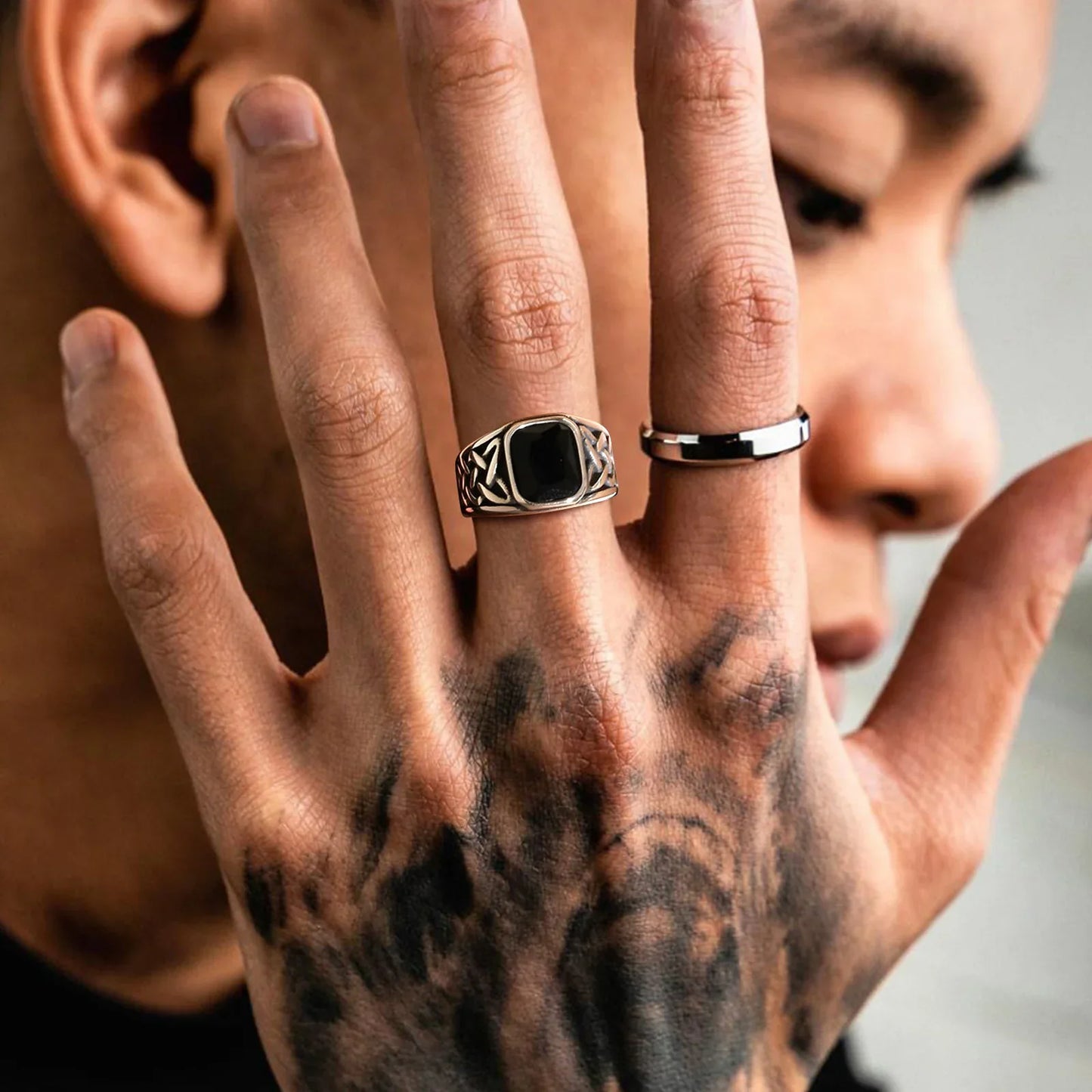 Punk Vintage Ethnic Rings for Men – Retro Viking Knot Rune, Black Geometric Square Stone Signet Jewelry