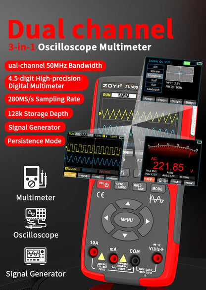 ZOYI 703S Handheld Oscilloscope Multimeter – Dual-Channel 3-in-1 Auto Repair Tool with Color Screen