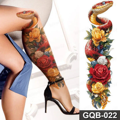 Full Arm Dragon Skull Tattoo Sleeve - Waterproof Temporary Body Art Sticker with Clock Compass Flower Design for Men & Women