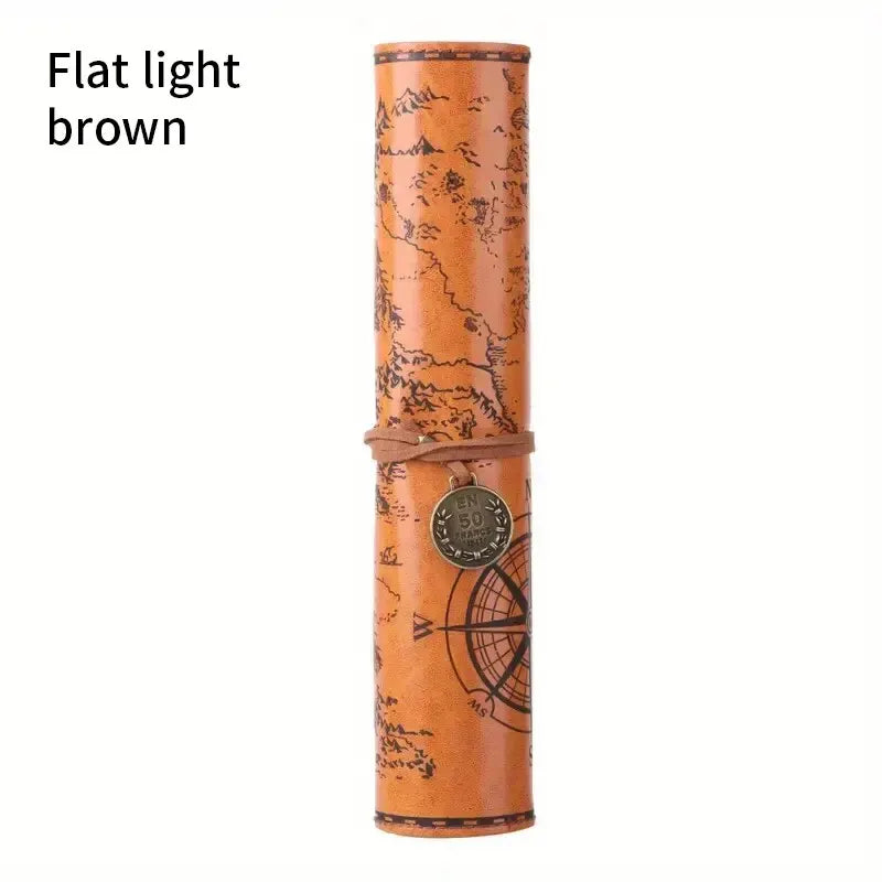 Creative Treasure Map Leather Pencil Case – Large Capacity Roll-Up Pencil Bag with Embossed Buckle, Retro Stationery Organizer
