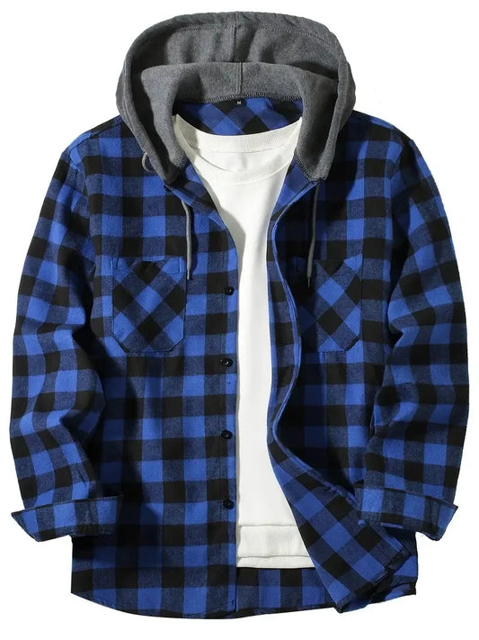 Youth Men’s Hooded Plaid Shirt - Slim Fit Long Sleeve Casual Travel & Streetwear Jacket