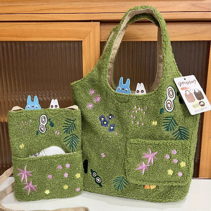 Cartoon Cat Embroidered Lamb Plush Handbag – Cute One-Shoulder Messenger Bag for Mobile Phone & Daily Use