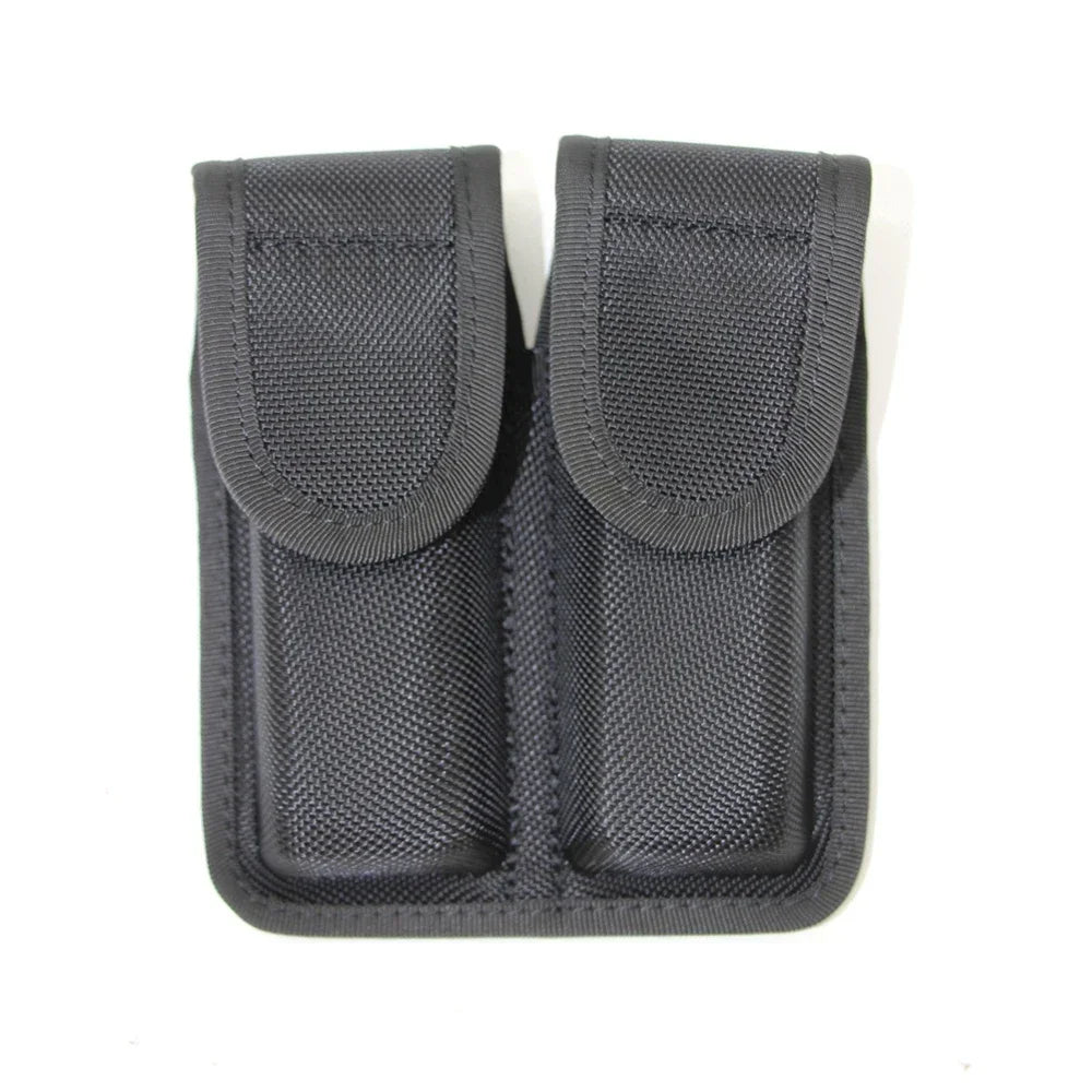 Tactical Black Basketweave Double Magazine Pouch - Leather Handgun Mag Holder with Snap Closure