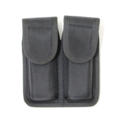 Tactical Black Basketweave Double Magazine Pouch - Leather Handgun Mag Holder with Snap Closure