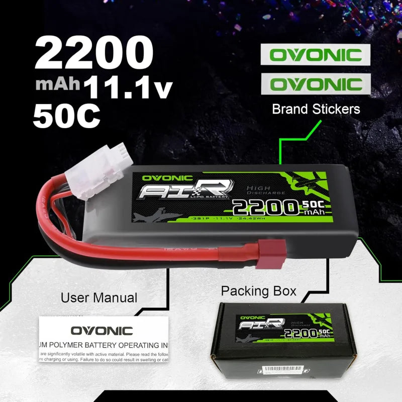 OVONIC 3S 2200mAh 11.1V LiPo Battery — 50C RC Battery with Dean Connector for Airplane, Quadcopter, Helicopter, and FPV Drone