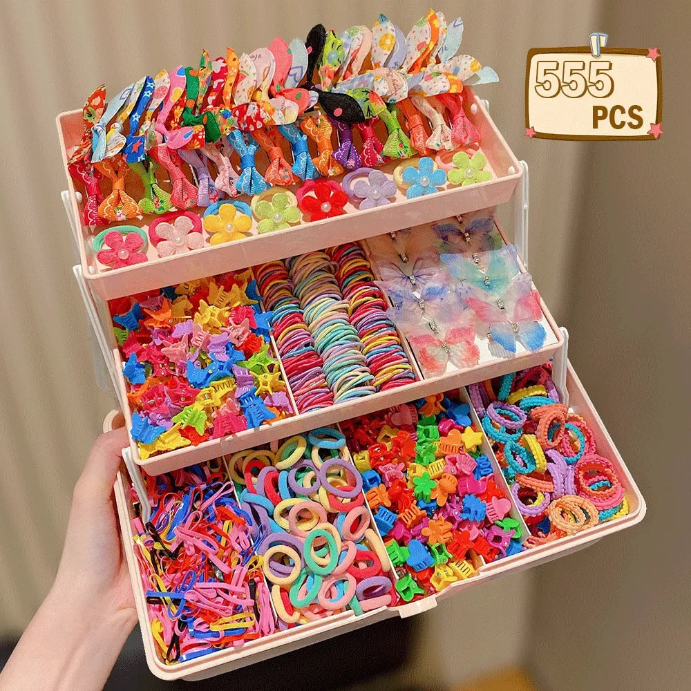 555Pcs Girls Hair Accessories Set - Colorful Butterfly Clips Elastic Bands & Hair Ties for Daily Ponytails and Styling