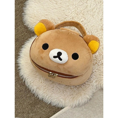 Cute Bear Plush Makeup Bag - Soft Cartoon Elliptical Storage Pouch for Girls Travel & Daily Essentials