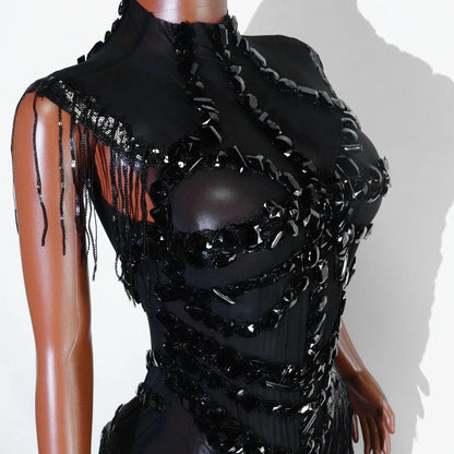 Sexy Shiny Silver Sequin & Black Spandex Jumpsuit — 2025 Women’s Prom, Dancer & Stage Performance Costume