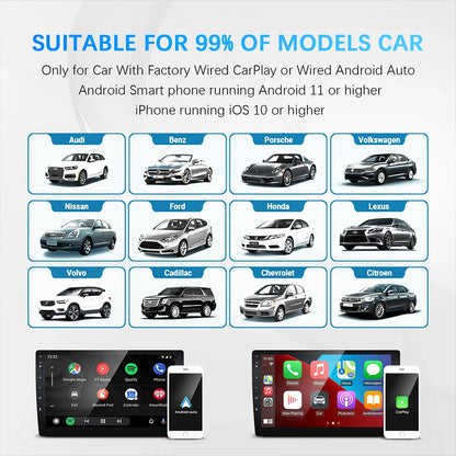 CarPlay & Android Auto Wireless Adapter — Compatible with Toyota, Mazda, Nissan, Camry, Suzuki, Subaru, Citroen, Audi, Mercedes, Kia, Ford, Opel with Spotify & Bluetooth