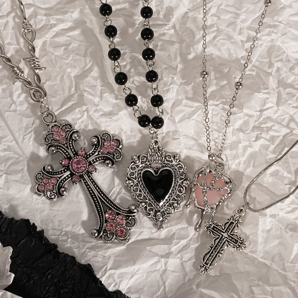 Y2K Cross Love Pendant Necklace - Sweet Cool Girl Personalized Jewelry for Everyday Wear