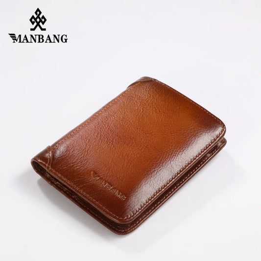 Manbang Genuine Leather Men’s RFID Blocking Trifold Wallet – High Quality Card Holder with ID Window Slim Business Wallet for Men