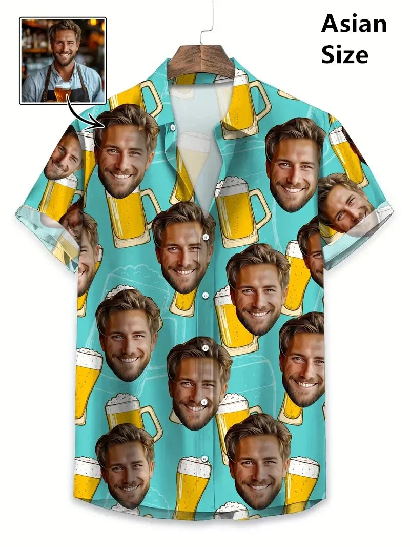 Men’s Custom Face Print Hawaiian Shirt - 3D Beer Design Vintage Y2K Short Sleeve Beach Top
