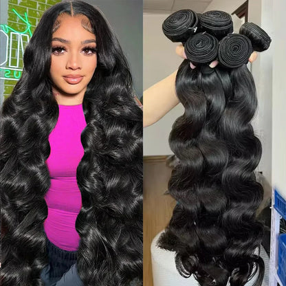 38 40 Inch Loose Body Wave Brazilian Hair Bundles – 1/3/4 PCS Water Wave Raw Human Hair Extensions, Black