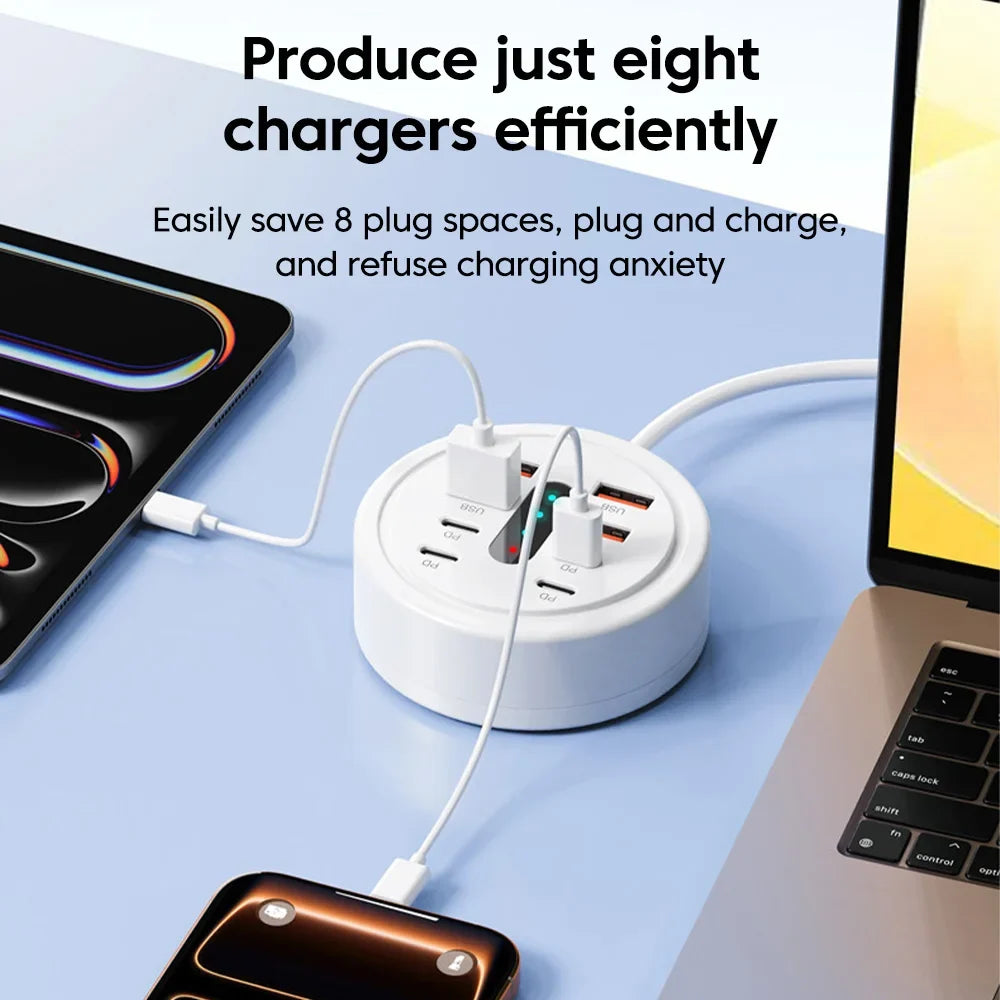 8-Port 66W Desktop Charging Station - 4 USB + 4 USB-C Fast Charger for Home & Travel