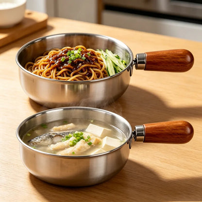 Stainless Steel Milk Pot - Heat-Resistant Wooden Handle, Non-Slip Base & Induction Compatible Design