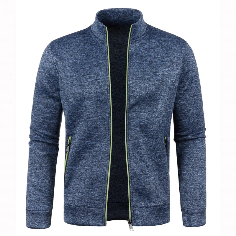 Men's Autumn Winter Zipper Sweater Jacket - Color Block Long Sleeve Slim Fit Plush Casual Warm Coat