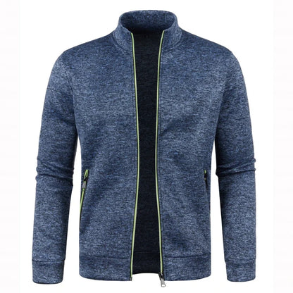 Men's Autumn Winter Zipper Sweater Jacket - Color Block Long Sleeve Slim Fit Plush Casual Warm Coat