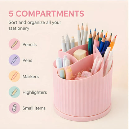 360° Rotating Pen Holder Organizer - 5 Compartment Candy Color Desk Storage Box for Kids, School & Office