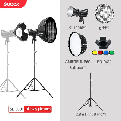 Godox SL100Bi LED Video Light - 100W Bi-Color 2800-6500K Studio Light with Bowens Mount & LCD Display