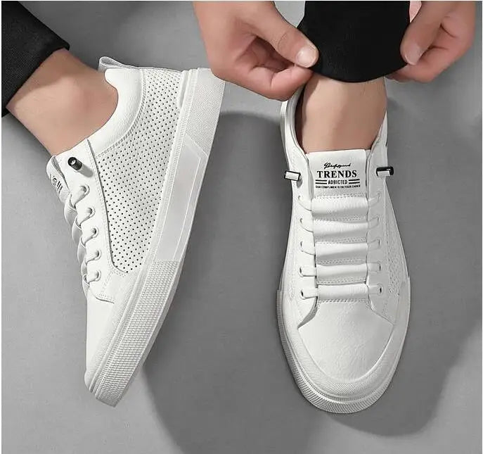 Men’s Genuine Leather Casual Sneakers – Breathable Cow Leather Skateboard Shoes, Street Trend Flat Summer Footwear
