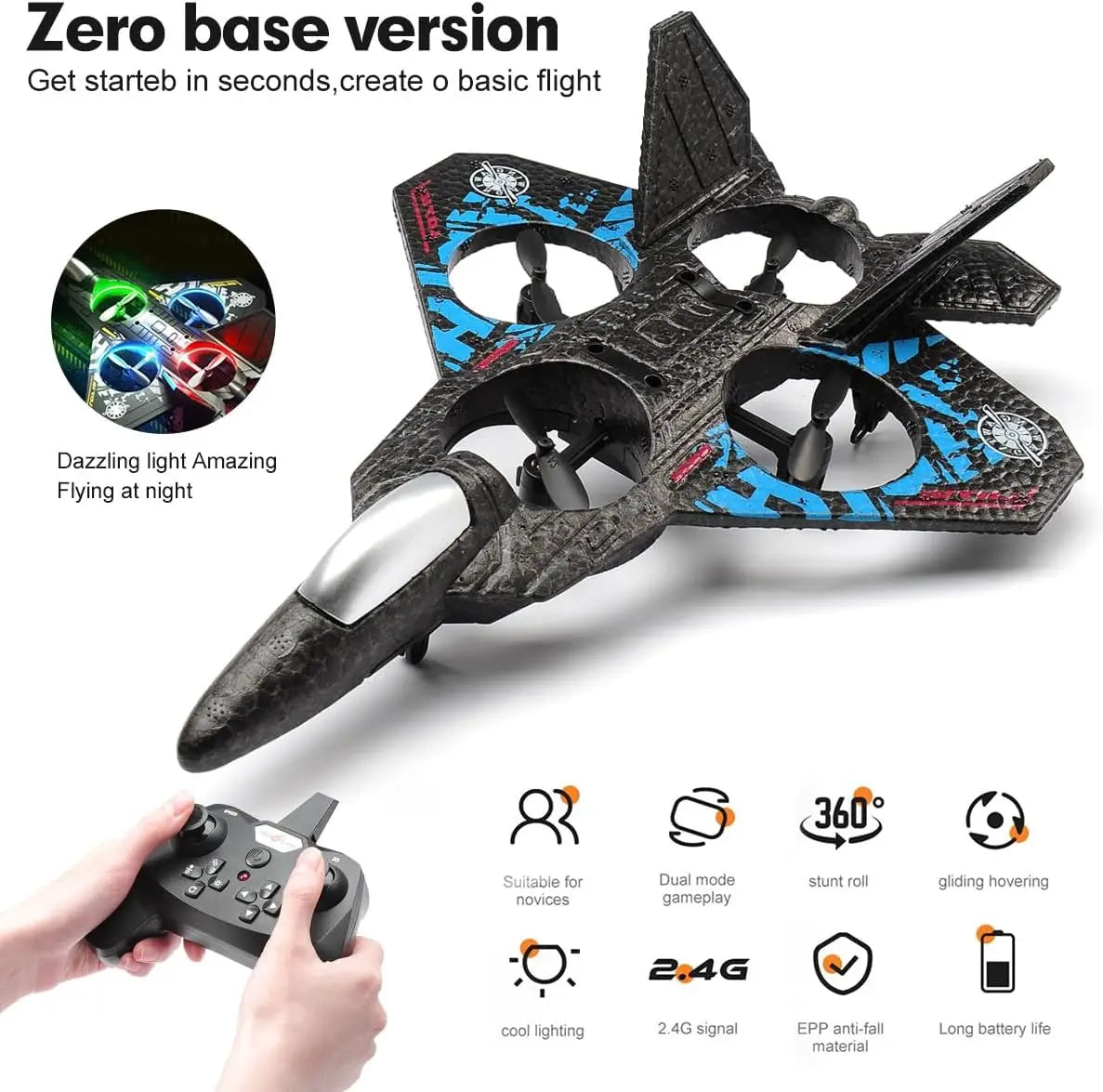 2.4G RC Fighter Plane - Gravity-Sensing EPP Foam Glider with Lights for Boys