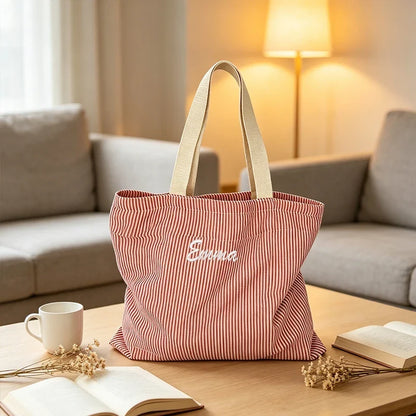 Striped Canvas Shoulder Bag - Custom Embroidered or Standard Back-to-School Tote