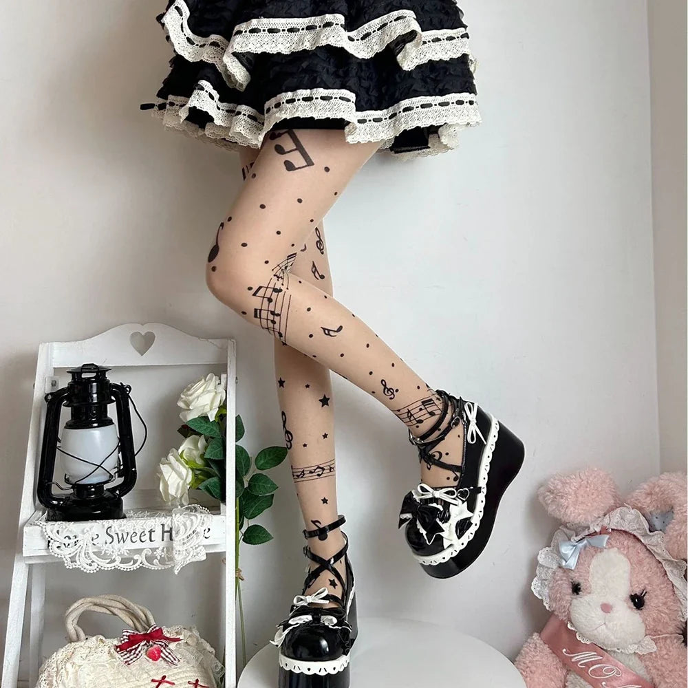 Musical Note Black Tights - Y2K Lolita Printed Stockings for Women, Party & Club Pantyhose