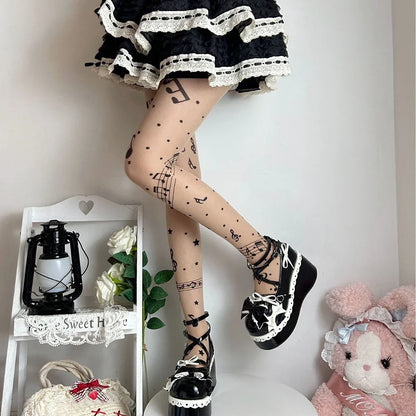 Musical Note Black Tights - Y2K Lolita Printed Stockings for Women, Party & Club Pantyhose