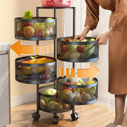 5 Layer Stainless Steel Rotating Shelf - Kitchen & Bathroom Storage Baskets, Fruit & Vegetable Rack with Wheels