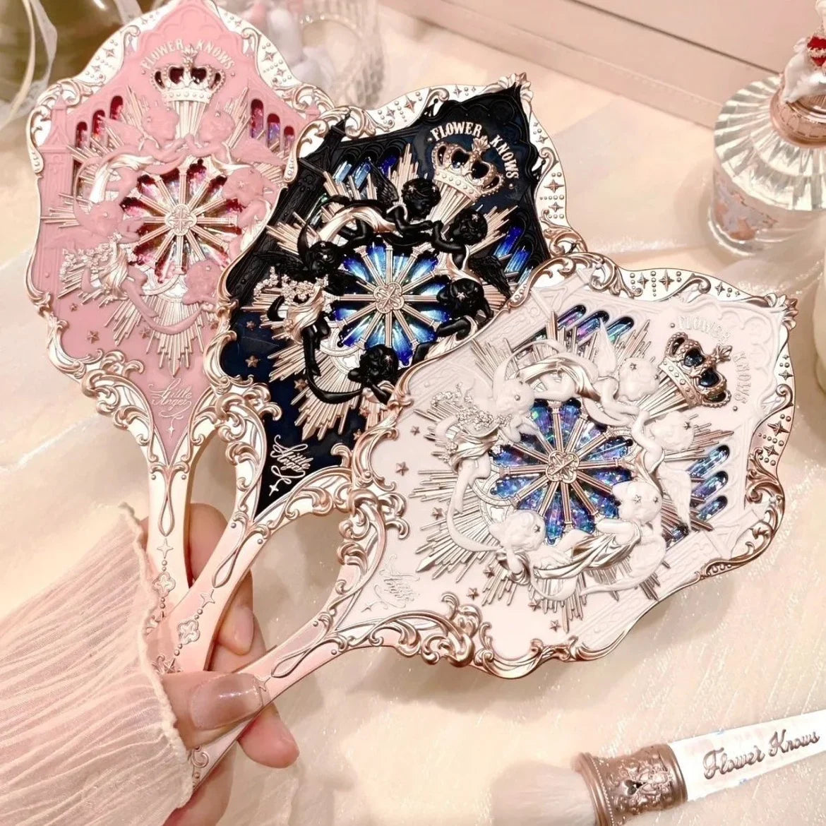 Flower Knows Angel Series Handheld Mirror – White, Black & Pink Compact Mirror