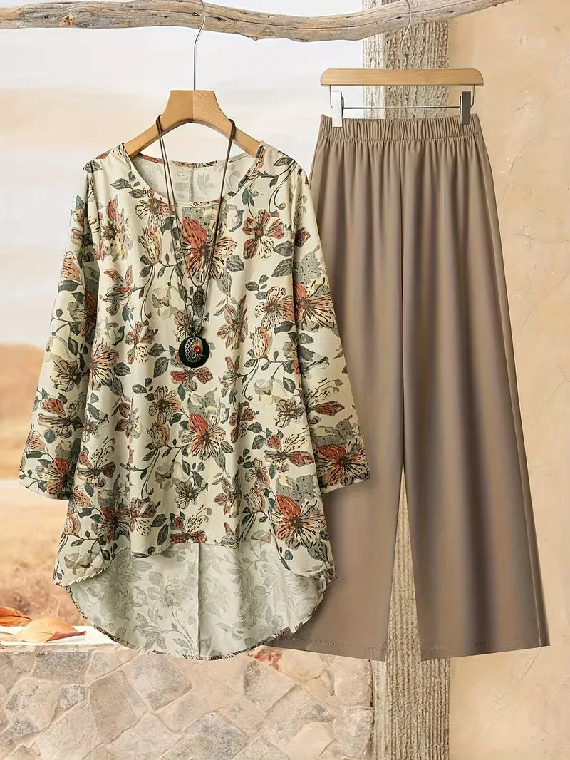Plus Size 2 Piece Outfit Set - Floral Long Sleeve Blouse and Wide Leg Pants Casual Women's Suit