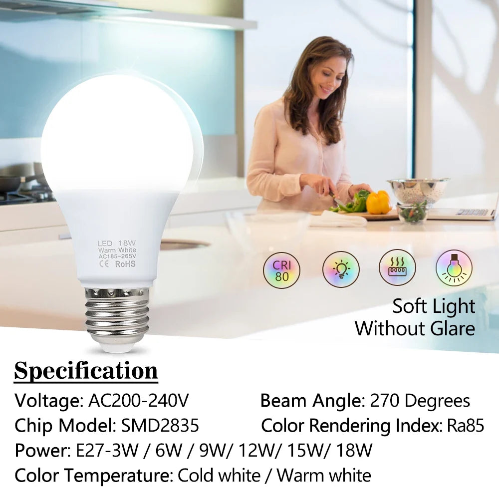E27 LED Light Bulbs - AC 220V SMD2835 3W–18W Energy Saving Indoor Lamps