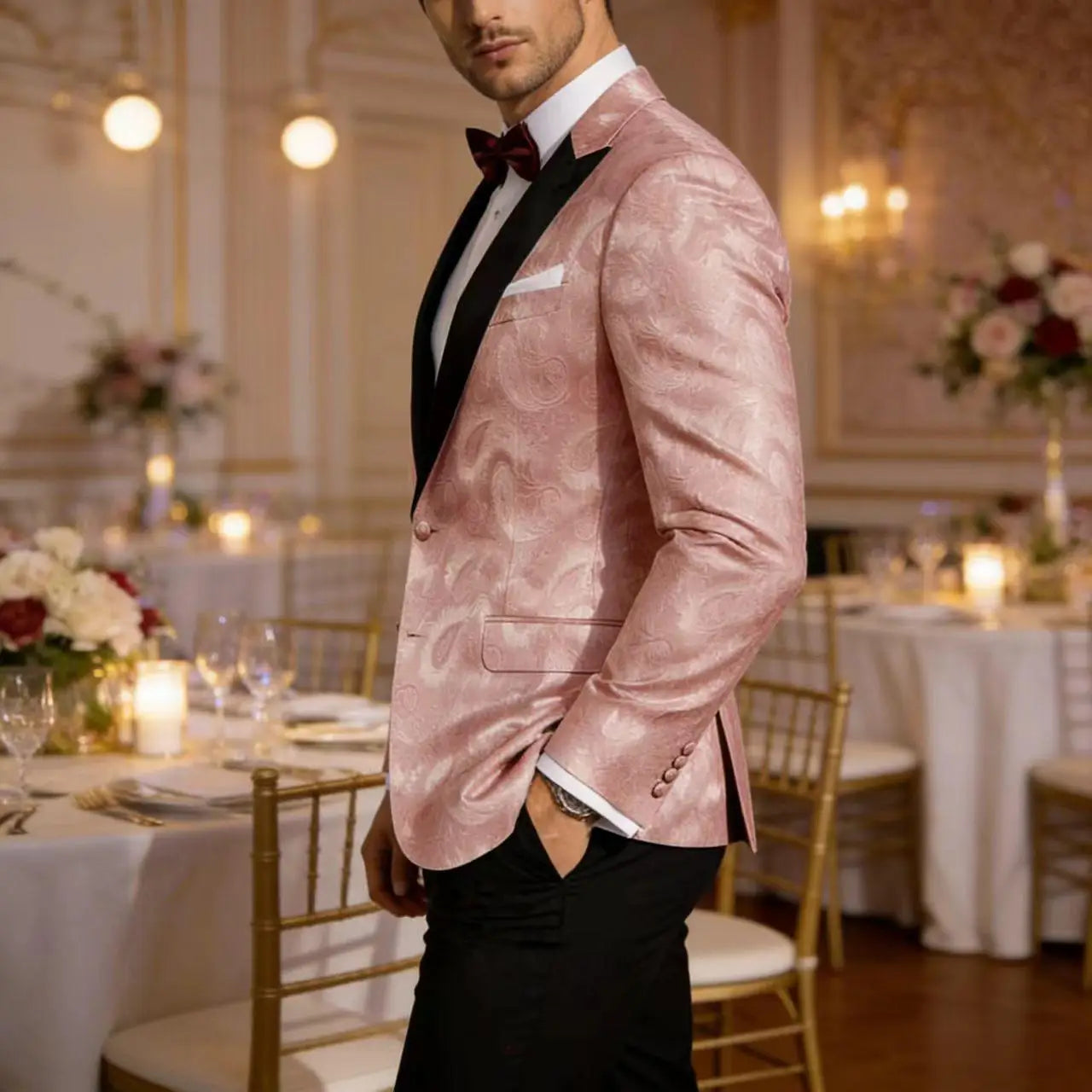 Men’s Pink Paisley Tuxedo Blazer - Black Satin Lapel 2 Button Formal Suit Jacket for Wedding, Prom & Party Wear