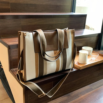 MOODS Quality Canvas Tote Bag for Women 2023 – Luxury Designer Handbag, Contrast Color Striped, Big Shoulder Crossbody Shopper Totes