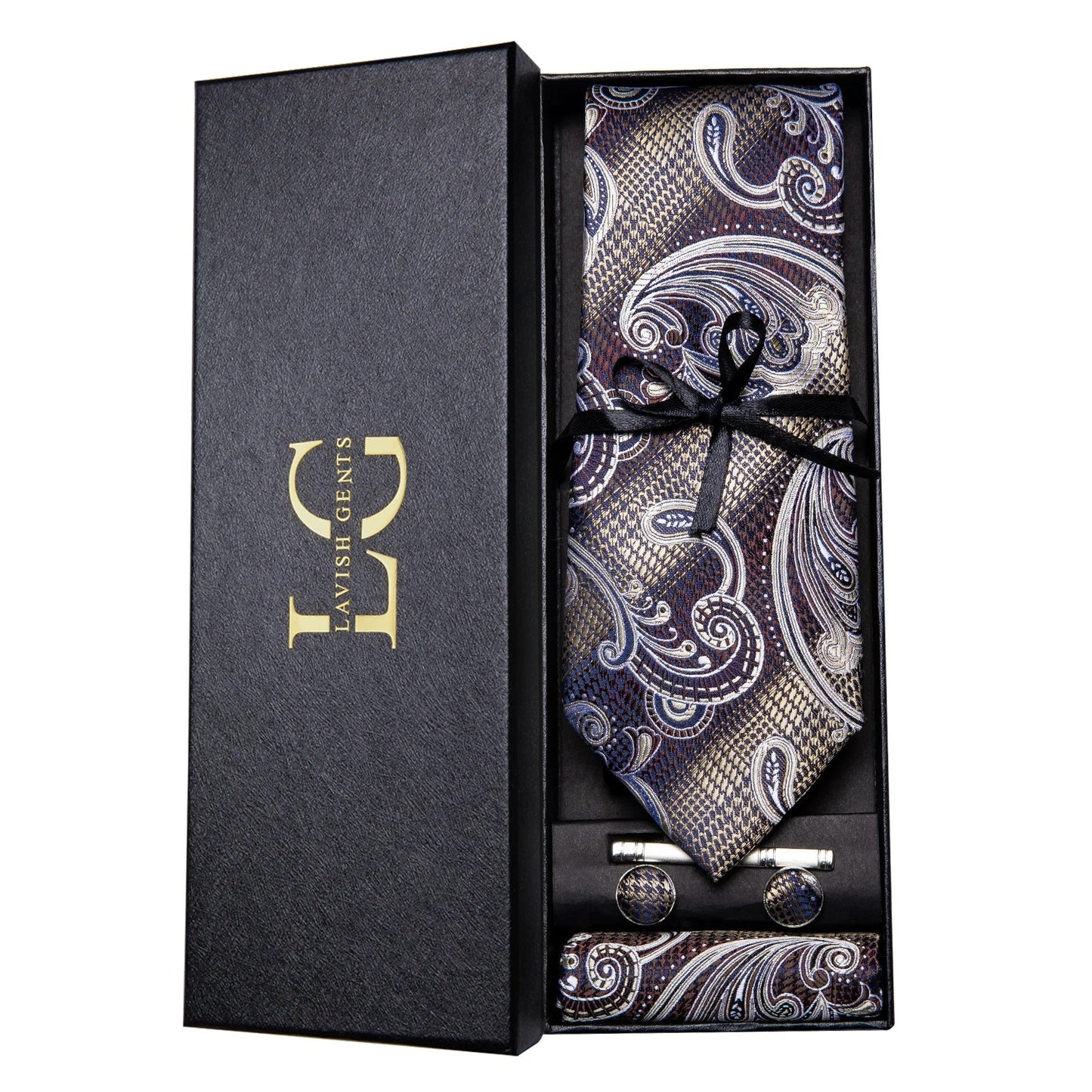 Hi-Tie Luxury Paisley Teal Green Tie Set - Men’s Classic Necktie with Handkerchief & Cufflinks Gift Box for Wedding & Formal Wear
