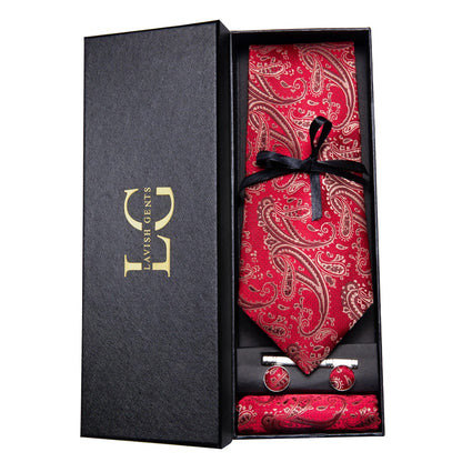 Hi-Tie Luxury Paisley Teal Green Tie Set - Men’s Classic Necktie with Handkerchief & Cufflinks Gift Box for Wedding & Formal Wear