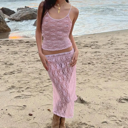 Women Y2K 2-Piece Skirt Set – Lace Flower See-Through Sleeveless Camisole & Wrapped Midi Skirt Summer Beach Outfit Suit