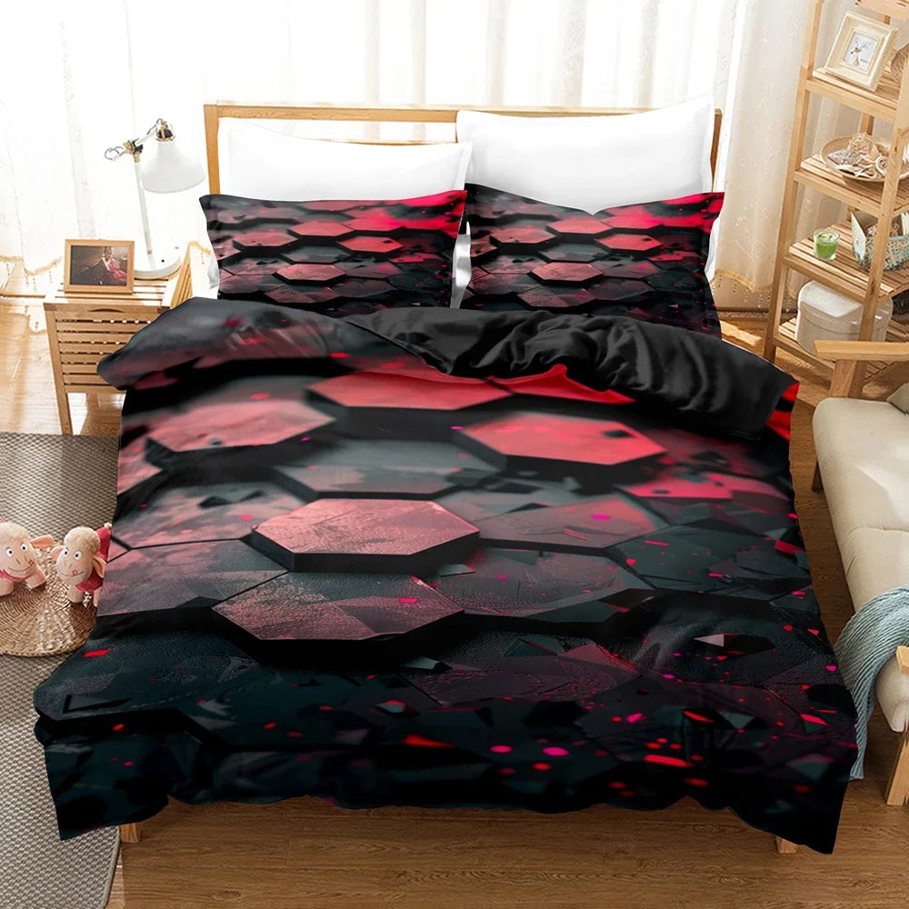 Colorful Glowing Polygon Grid Bedding Set - Duvet Cover with Pillowcases for Twin, Queen & King Sizes
