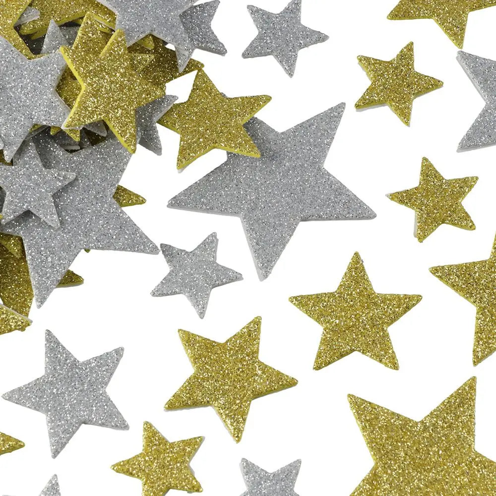 200Pcs Glitter Star Foam Stickers Set – Self-Adhesive 4 Sizes (2.5–5.5cm) Silver & Gold Sparkle Stars for DIY Crafts & Decoration
