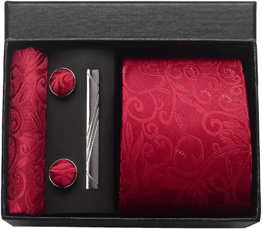 100% Silk Paisley Floral Necktie Set for Men - Premium Business Tie with Pocket Square Tie Clip Cufflinks Gift Box
