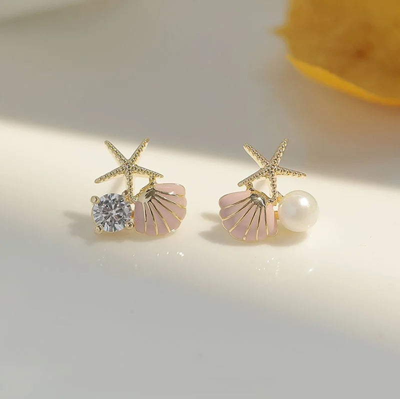 Ocean Style Asymmetric Earrings - Starfish Shell Pearl Zircon Stud Jewelry Gift for Women