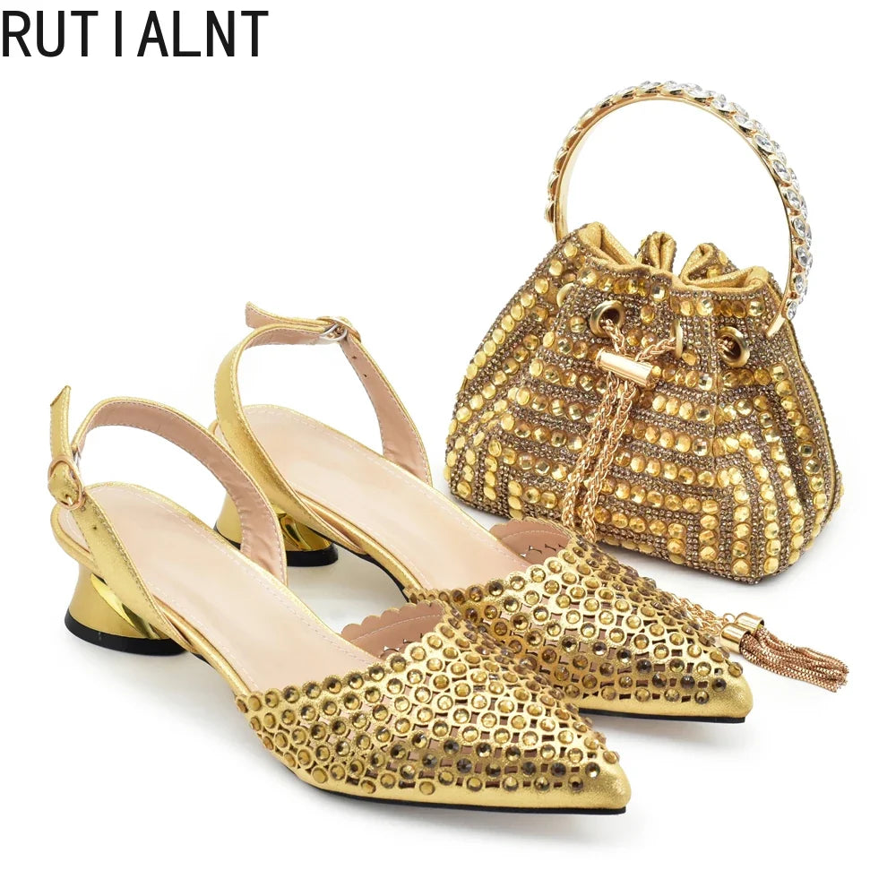 Women’s Gold Rhinestone Shoe & Bag Set - Elegant Wedding & Party Fashion Accessories