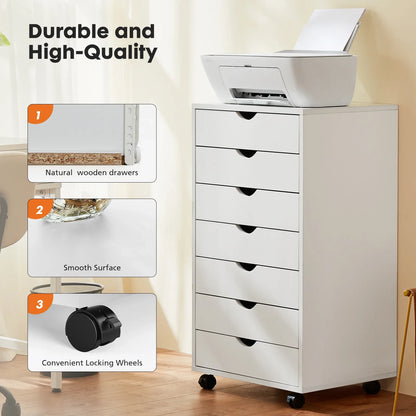 7-Drawer Wooden Chest – Mobile Storage Cabinet with Wheels, Nightstand & Office Organizer for Living Room