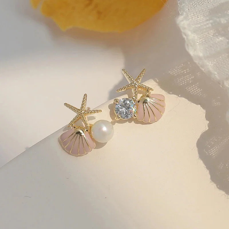 Ocean Style Asymmetric Earrings - Starfish Shell Pearl Zircon Stud Jewelry Gift for Women
