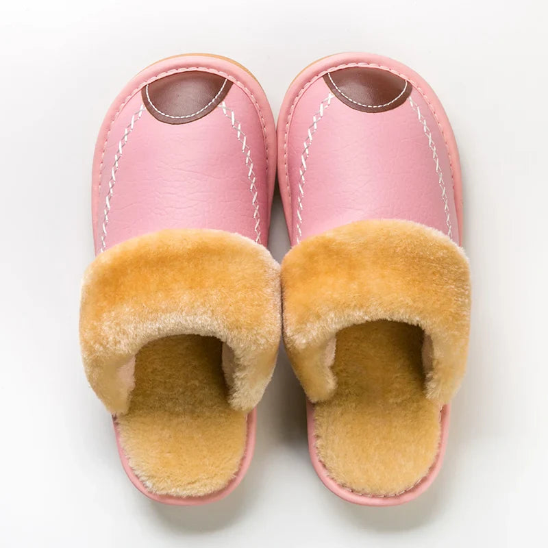 Men’s Winter Leather Slippers — Waterproof, Thick Velvet Cotton Indoor Home Shoes, Warm Bedroom Footwear