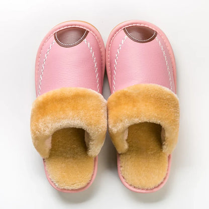 Men’s Winter Leather Slippers — Waterproof, Thick Velvet Cotton Indoor Home Shoes, Warm Bedroom Footwear
