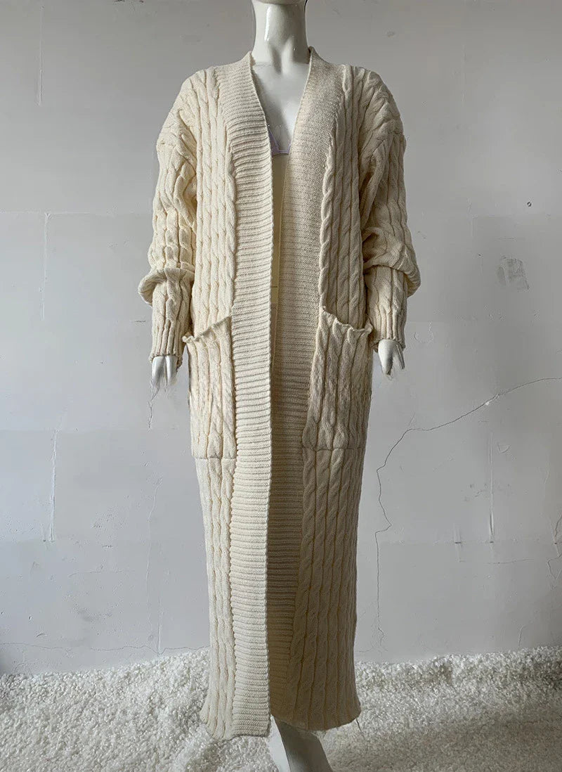 Women’s Long Knit Cardigan with Pockets – Vintage Full Sleeve Thick Autumn Winter Sweater Coat